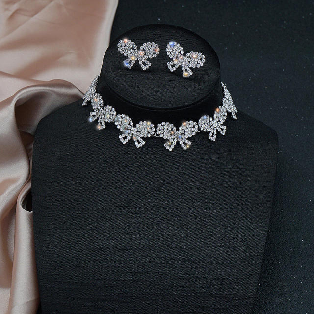 Sweet diamond bow choker necklace set