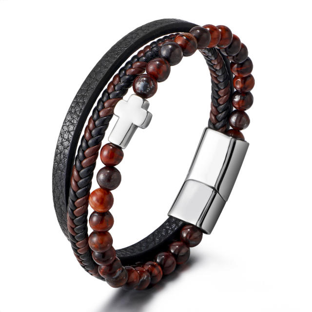Natural tiger eye beads stainless steel cross men bracelet