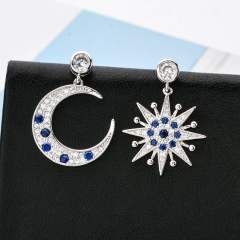 Korean fashion blue rhinestosne moon star Asymmetric earrings