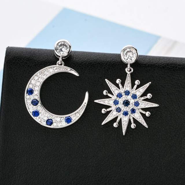 Korean fashion blue rhinestosne moon star Asymmetric earrings