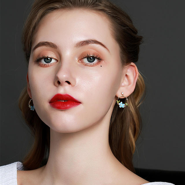 Personality sweet blue flower circle earrings