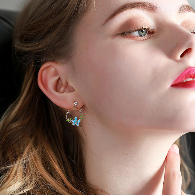 Personality sweet blue flower circle earrings