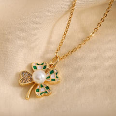 Sweet green color checkered clover necklace earrings rings