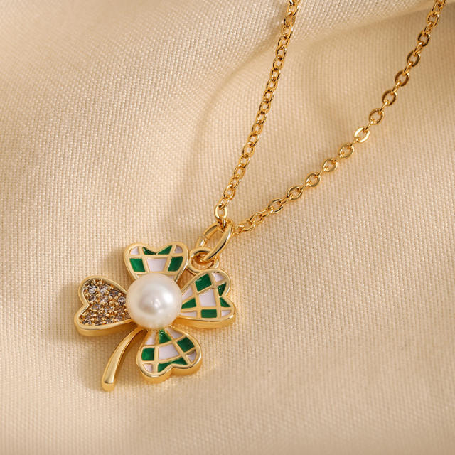 Sweet green color checkered clover necklace earrings rings