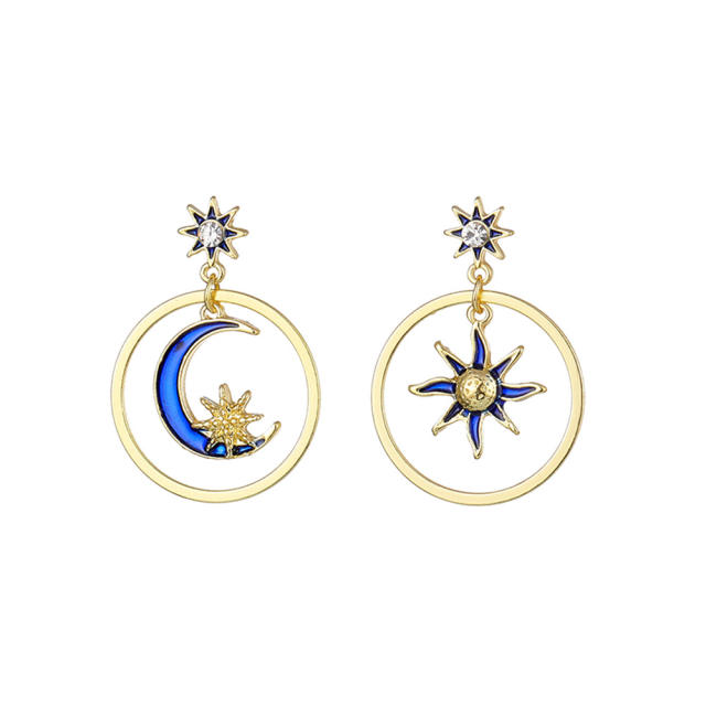 Personality blue enamel moon sun Asymmetric earrings