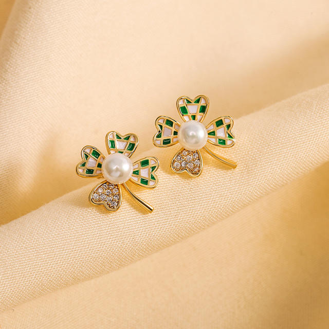 Sweet green color checkered clover necklace earrings rings