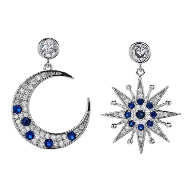 Korean fashion blue rhinestosne moon star Asymmetric earrings