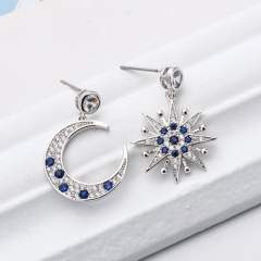 Korean fashion blue rhinestosne moon star Asymmetric earrings