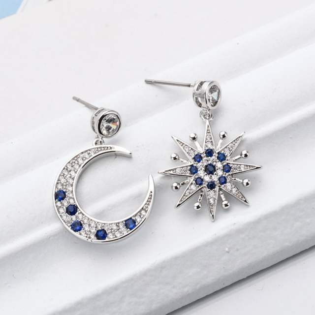 Korean fashion blue rhinestosne moon star Asymmetric earrings