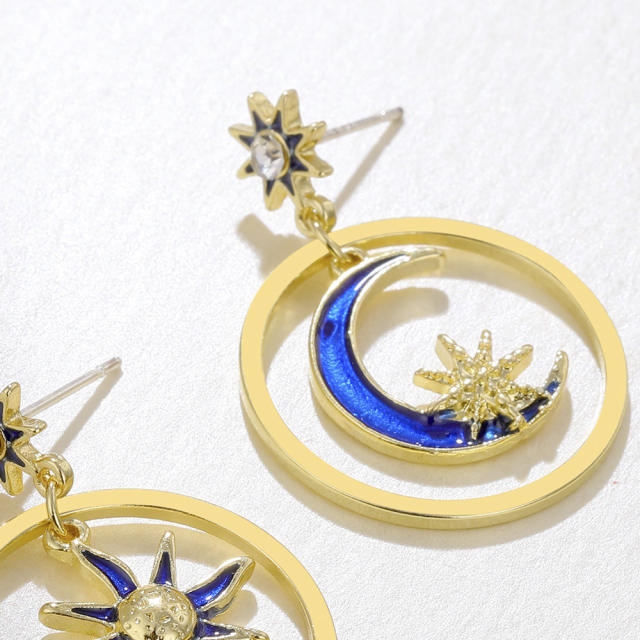 Personality blue enamel moon sun Asymmetric earrings