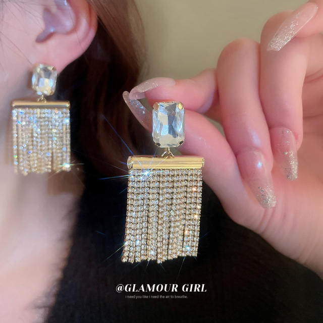 Luxury rhinestone chain tassel women earring
