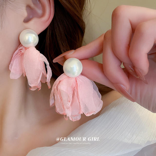 Pink color organza flower earrings