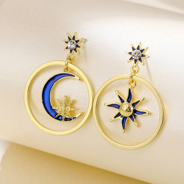 Personality blue enamel moon sun Asymmetric earrings