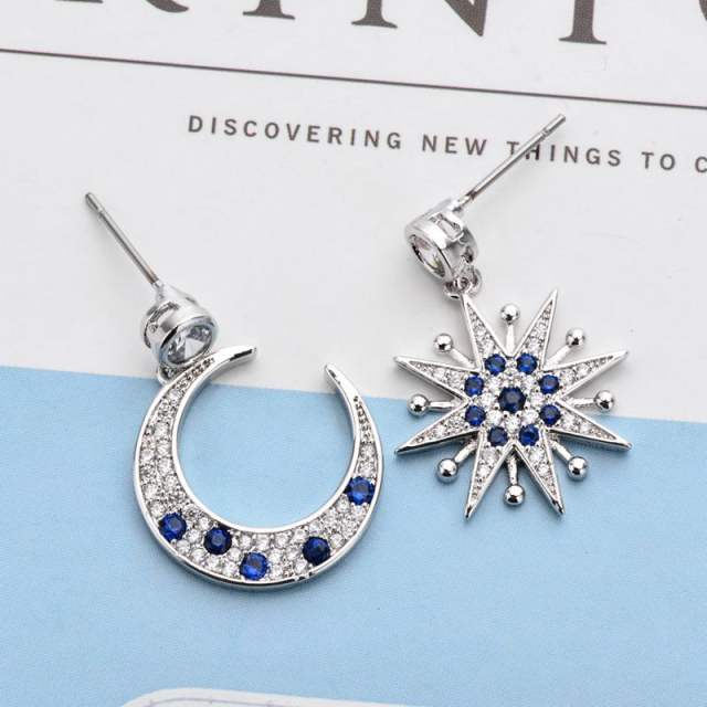Korean fashion blue rhinestosne moon star Asymmetric earrings