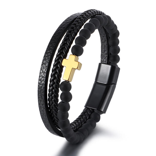 Natural stone cross pu leather men bracelet