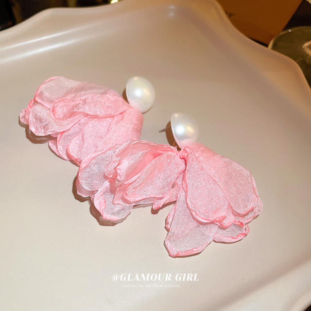 Pink color organza flower earrings