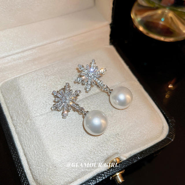Diamond snowflake pearl earrings