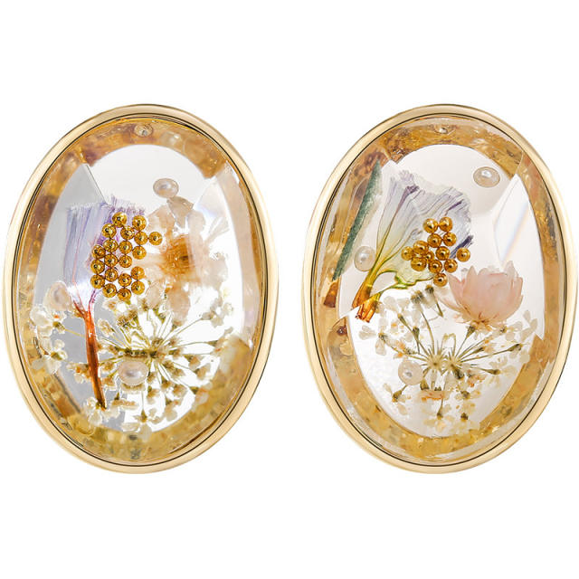 Vintage flower oval shape clear studs earrings