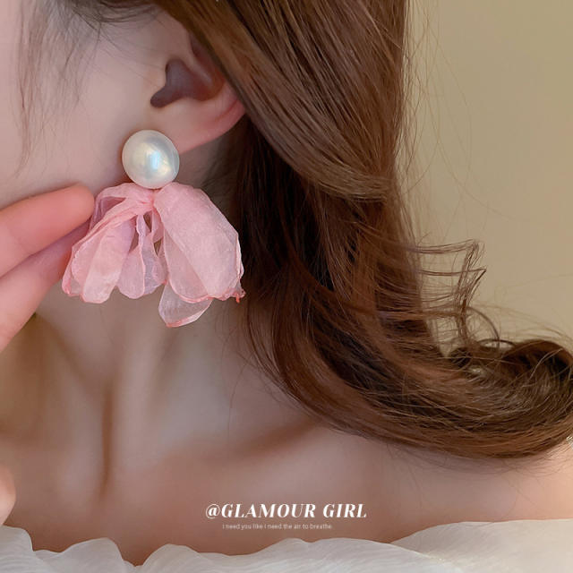 Pink color organza flower earrings