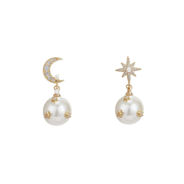925 needle elgant diamond star moon pearl drop earrings