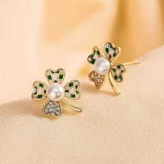Sweet green color checkered clover necklace earrings rings