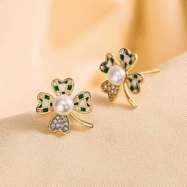Sweet green color checkered clover necklace earrings rings