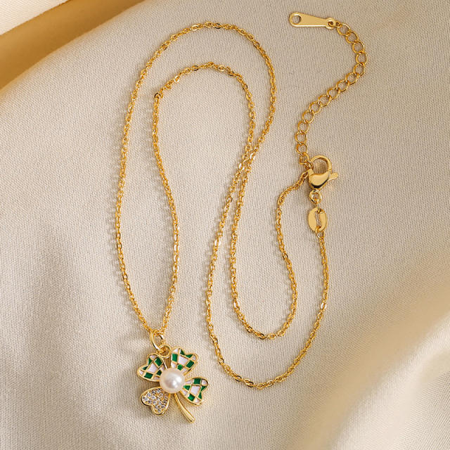 Sweet green color checkered clover necklace earrings rings