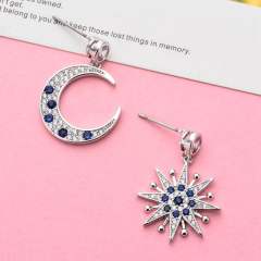 Korean fashion blue rhinestosne moon star Asymmetric earrings