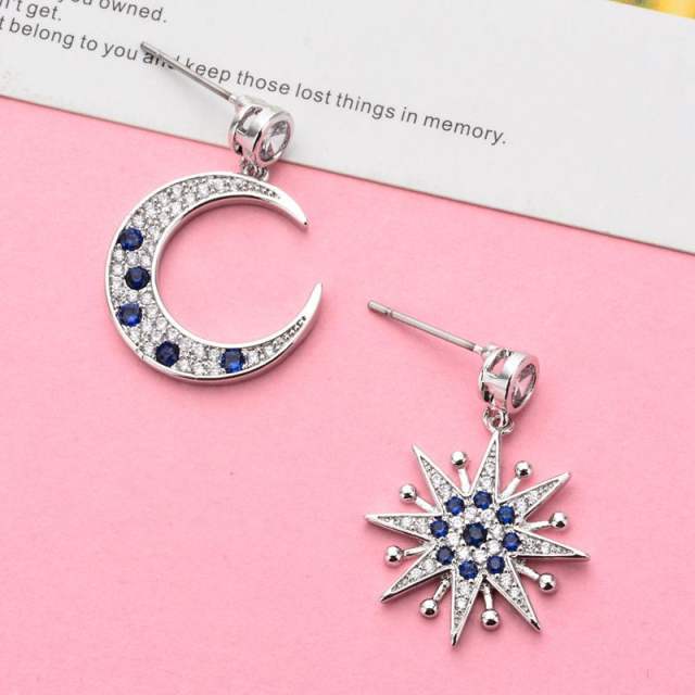 Korean fashion blue rhinestosne moon star Asymmetric earrings
