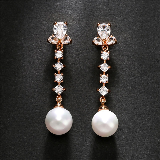 Delicate cubic zircon pearl copper long earrings