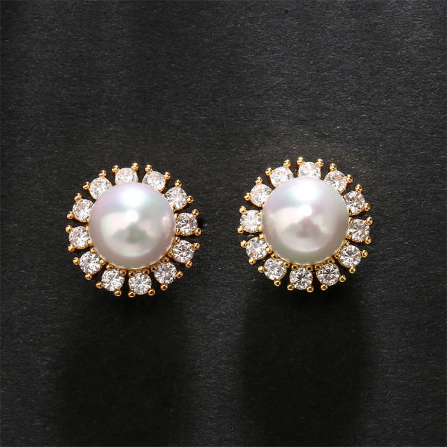 Korean fashion cubic zircon pearl sunflower studs earrings