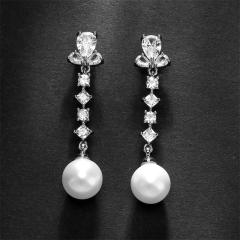 Delicate cubic zircon pearl copper long earrings