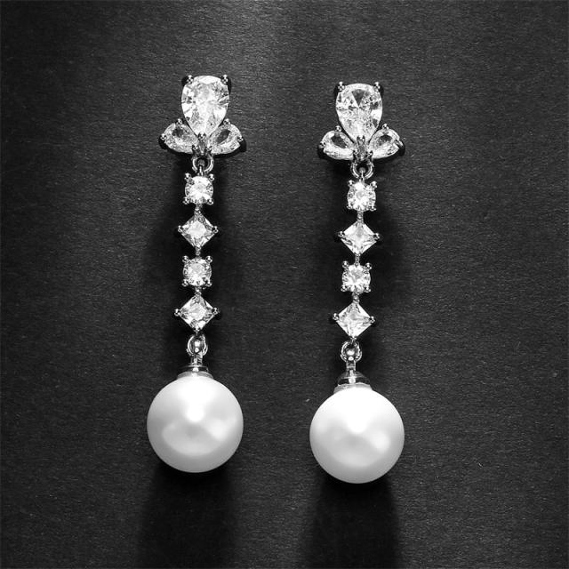 Delicate cubic zircon pearl copper long earrings