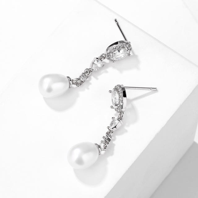 Elegant cubic zircon pearl long earrings