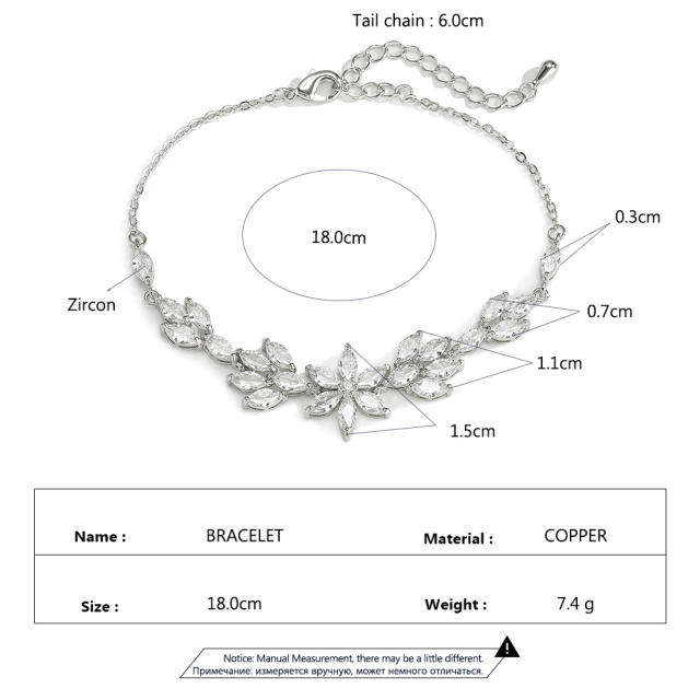 Creative cubic zircon flower copper slide bracelet