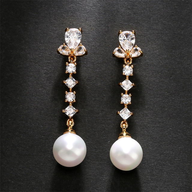 Delicate cubic zircon pearl copper long earrings
