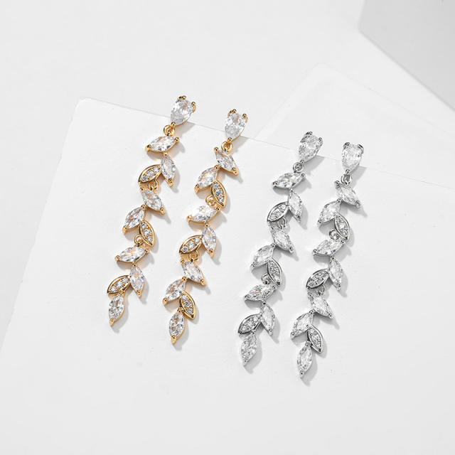 Delicate cubic zircon leaf copper earrings