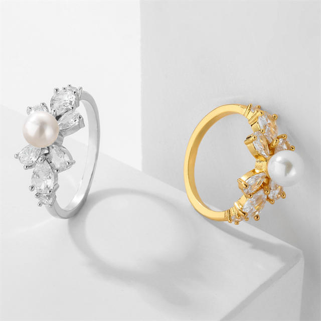 Classic cubic zicon pearl flower copper rings