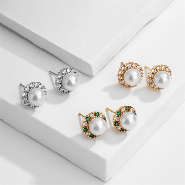 Korean fashion cubic zircon pearl sunflower studs earrings