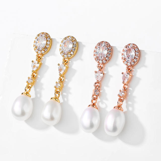 Elegant cubic zircon pearl long earrings
