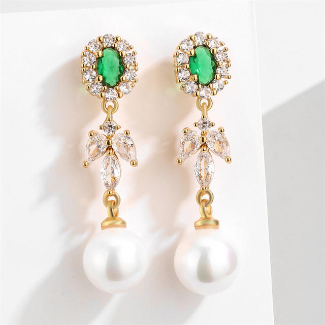 Luxury color cubic zircon pearl drop long earrings