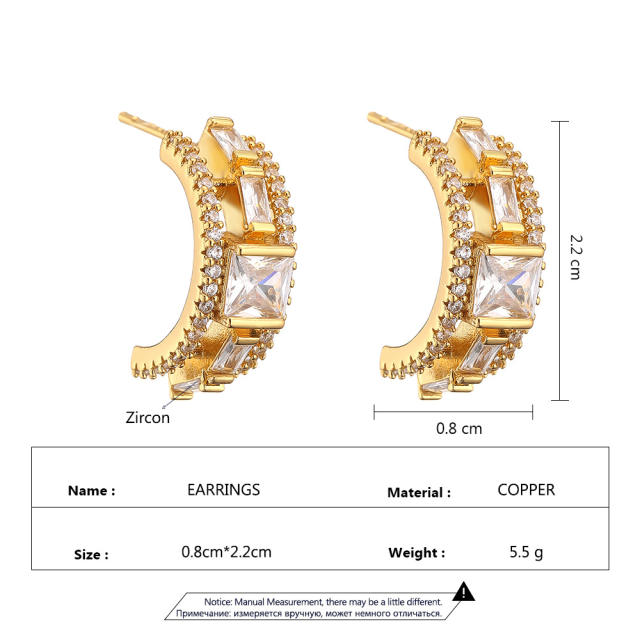 Personality color cubic zircon setting open hoop copper earrings