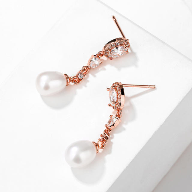 Elegant cubic zircon pearl long earrings