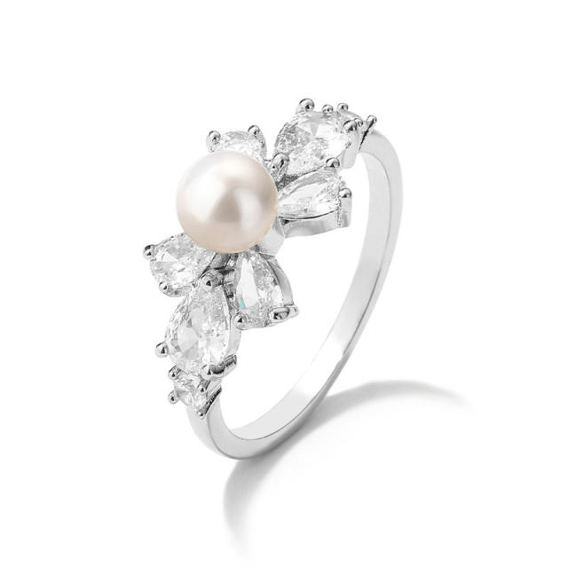 Classic cubic zicon pearl flower copper rings