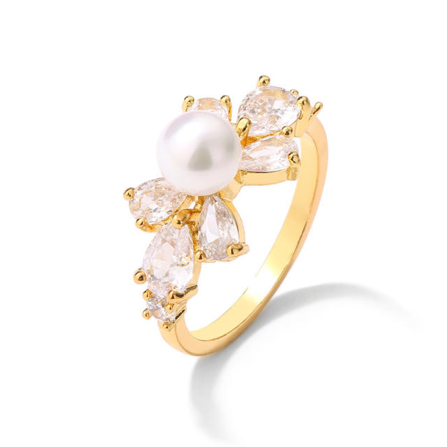 Classic cubic zicon pearl flower copper rings