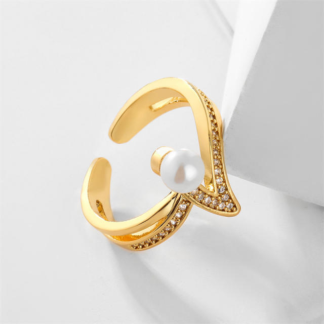Elegant pearl cubic zircon geometric copper rings