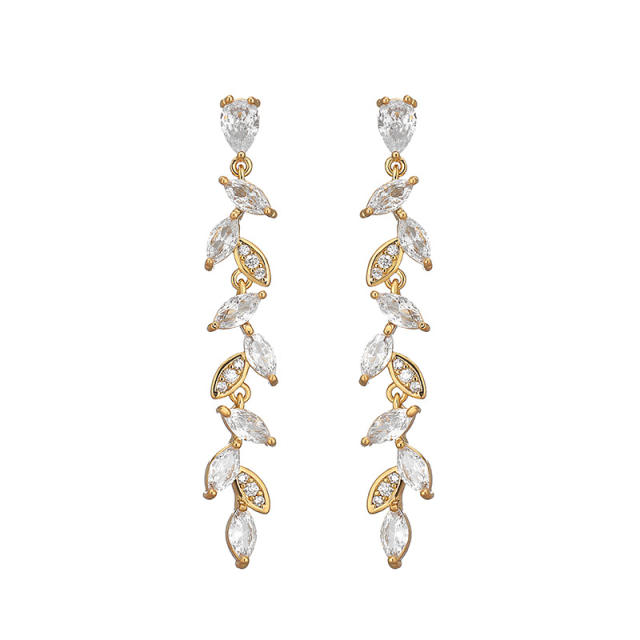 Delicate cubic zircon leaf copper earrings