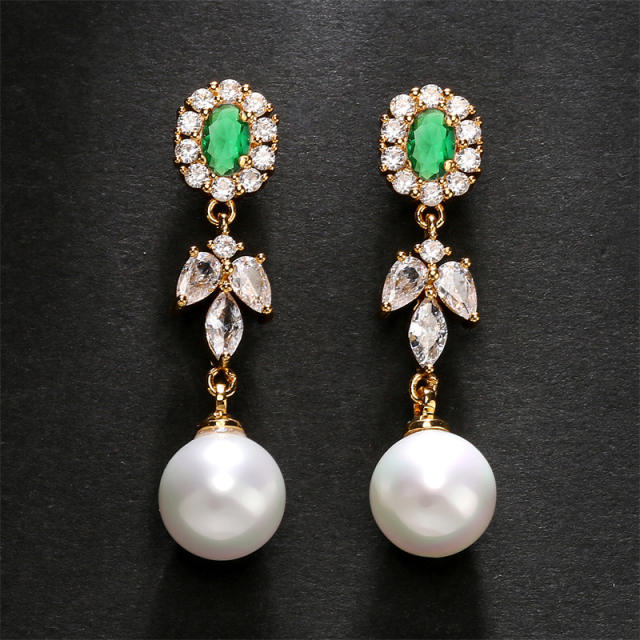 Luxury color cubic zircon pearl drop long earrings