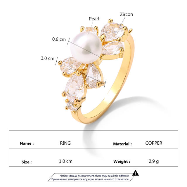 Classic cubic zicon pearl flower copper rings