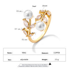 Creative cubic zircon pearl leaf copper rings